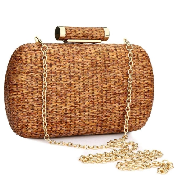 Tan Rattan Hard Case Clutch Purse Woven Wicker Handbag Crossbody Bag Long Chain - Picture 12 of 13